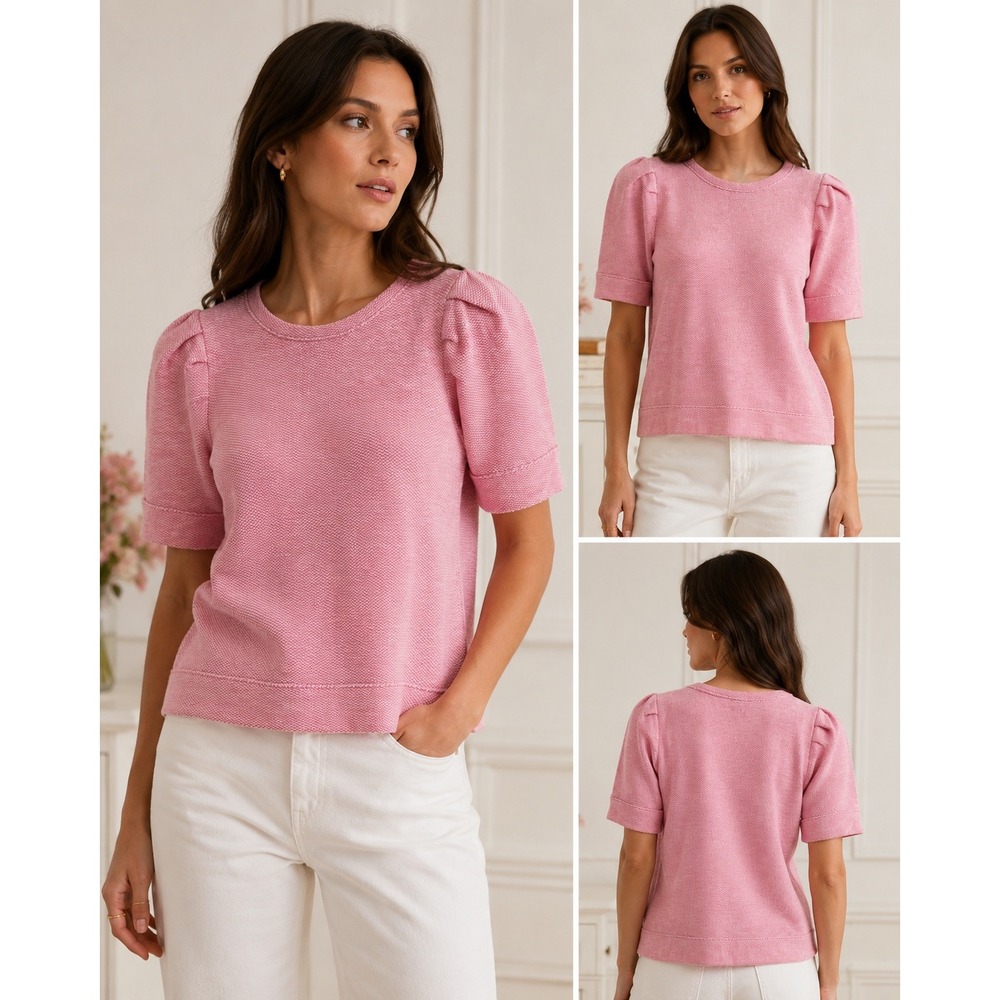 Talbots Womens Petite Pink Textured Puff Short Sleeve Knit Sweatshirt Top Size P